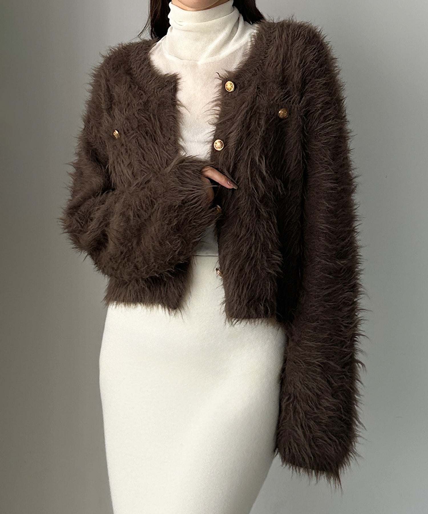 ルエレ Louere Louere ゴールドボタンシャギーニットカーディガン