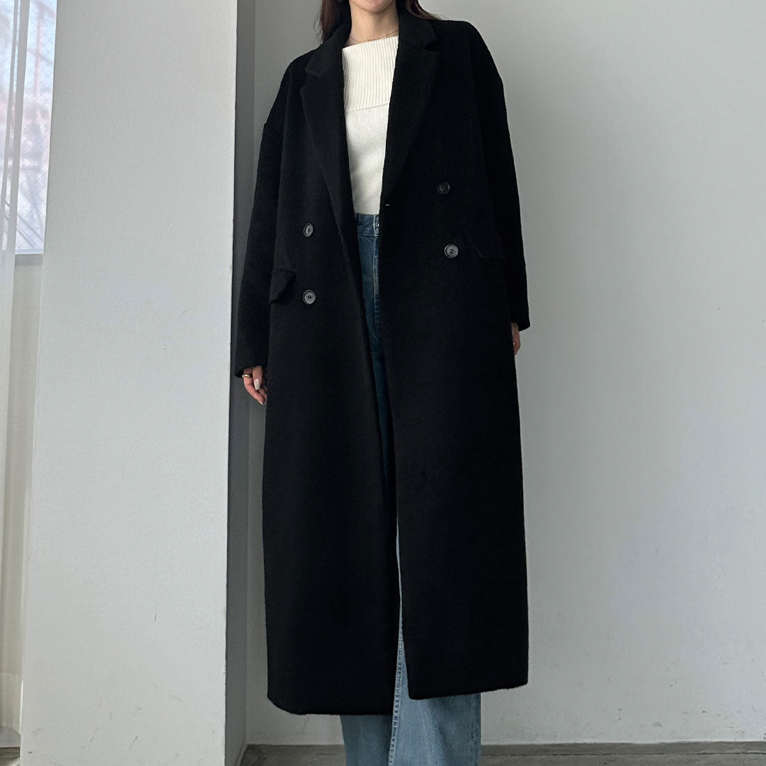 ルエレ Louere Louere ダブルロングシャギーチェスターコート,ブラック