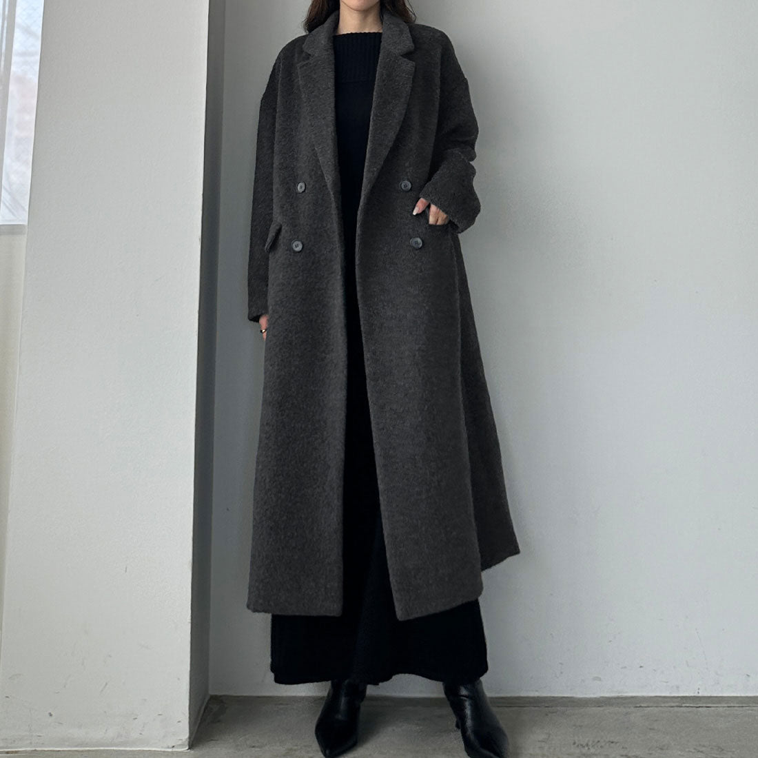 ルエレ Louere Louere ダブルロングシャギーチェスターコート,ダークグレー