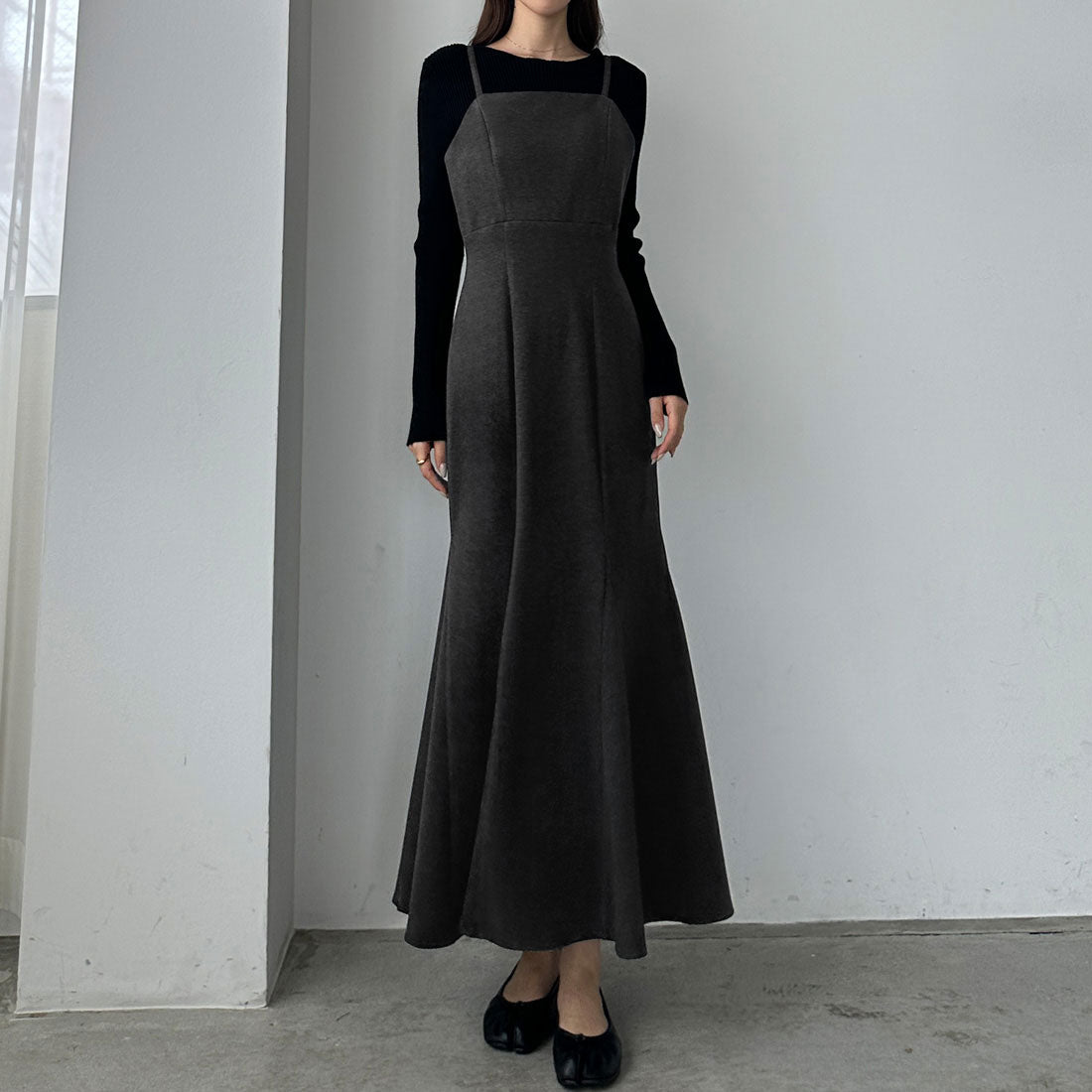 ルエレ Louere Louere ウォームマーメイドリボンキャミワンピース【秋冬もっちり素材】,ダークグレー