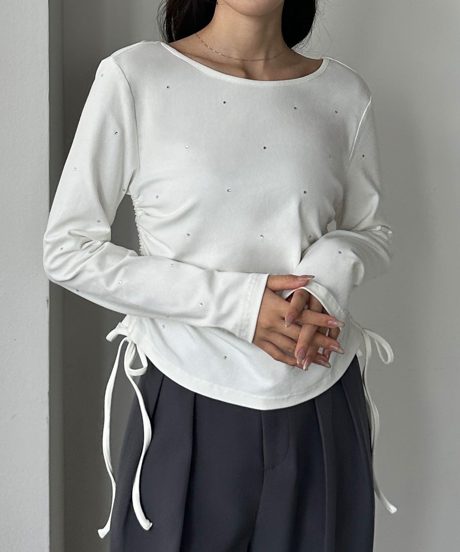 ルエレ Louere Louere ラインストーンドロストTシャツ （ホワイト） ホワイト