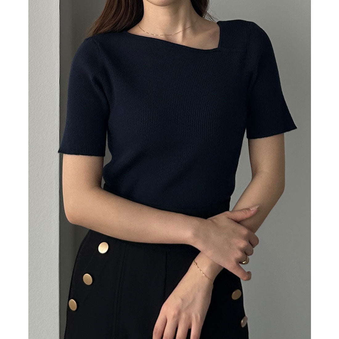 ルエレ Louere Louere アシメネック半袖リブニット （ネイビー） ネイビー