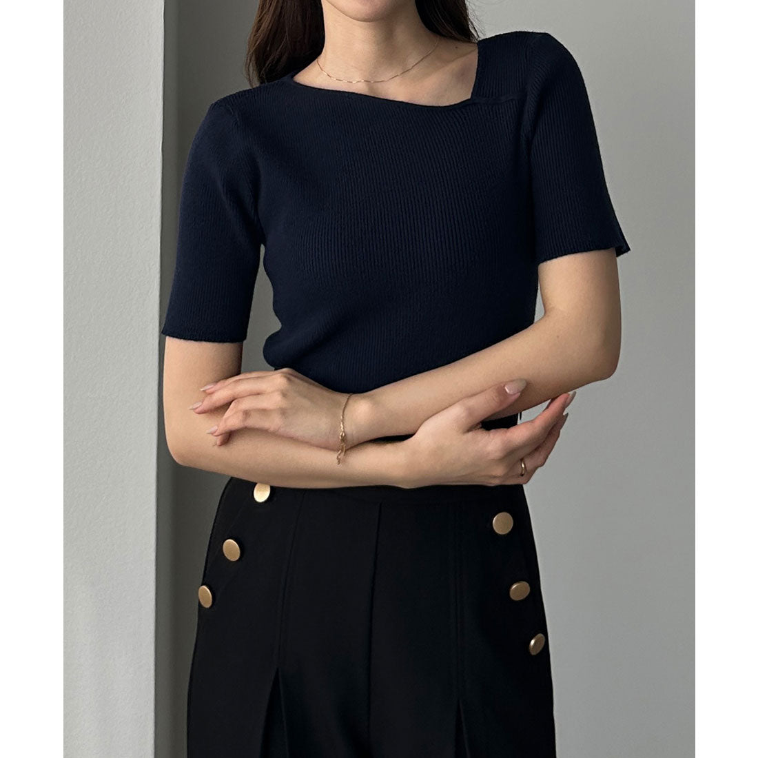 ルエレ Louere Louere アシメネック半袖リブニット （ネイビー） ネイビー