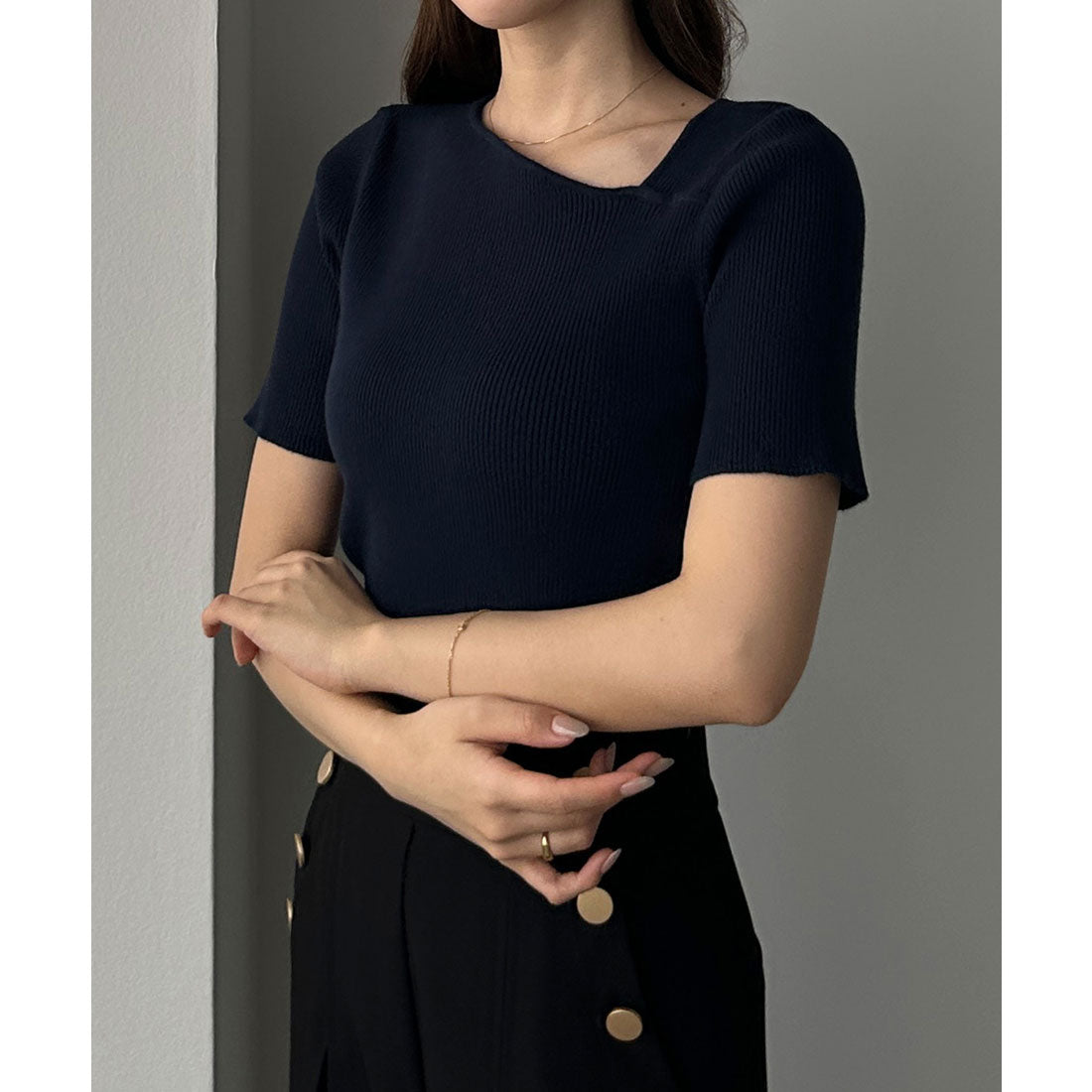 ルエレ Louere Louere アシメネック半袖リブニット （ネイビー） ネイビー