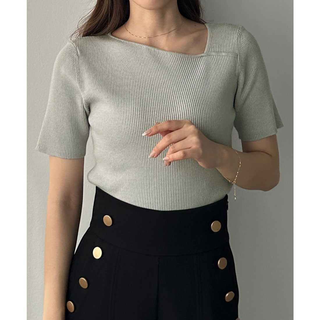 ルエレ Louere Louere アシメネック半袖リブニット （ライトグレー） ライトグレー