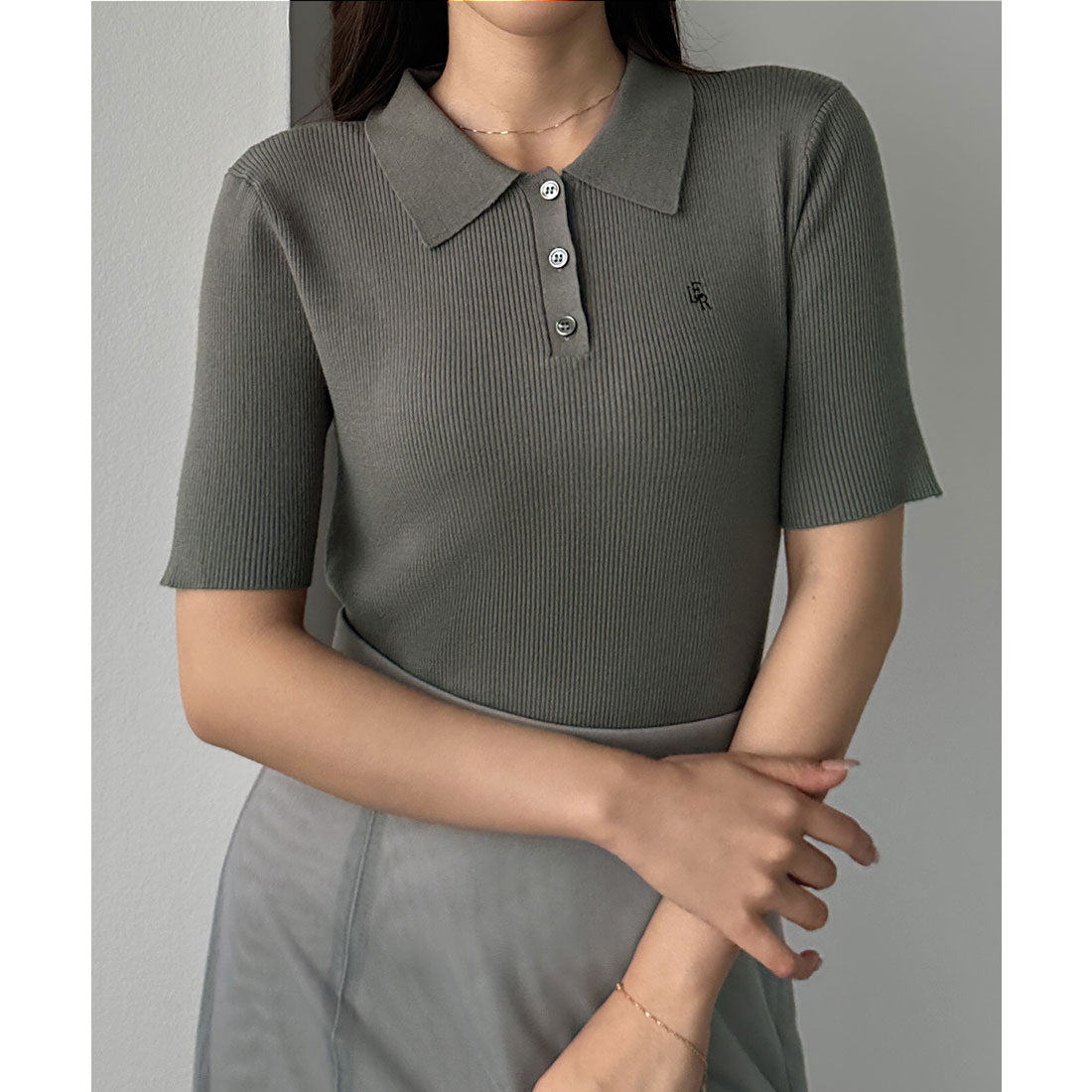 ルエレ Louere Louere ロゴ刺繍半袖リブニットポロ （チャコール） チャコール