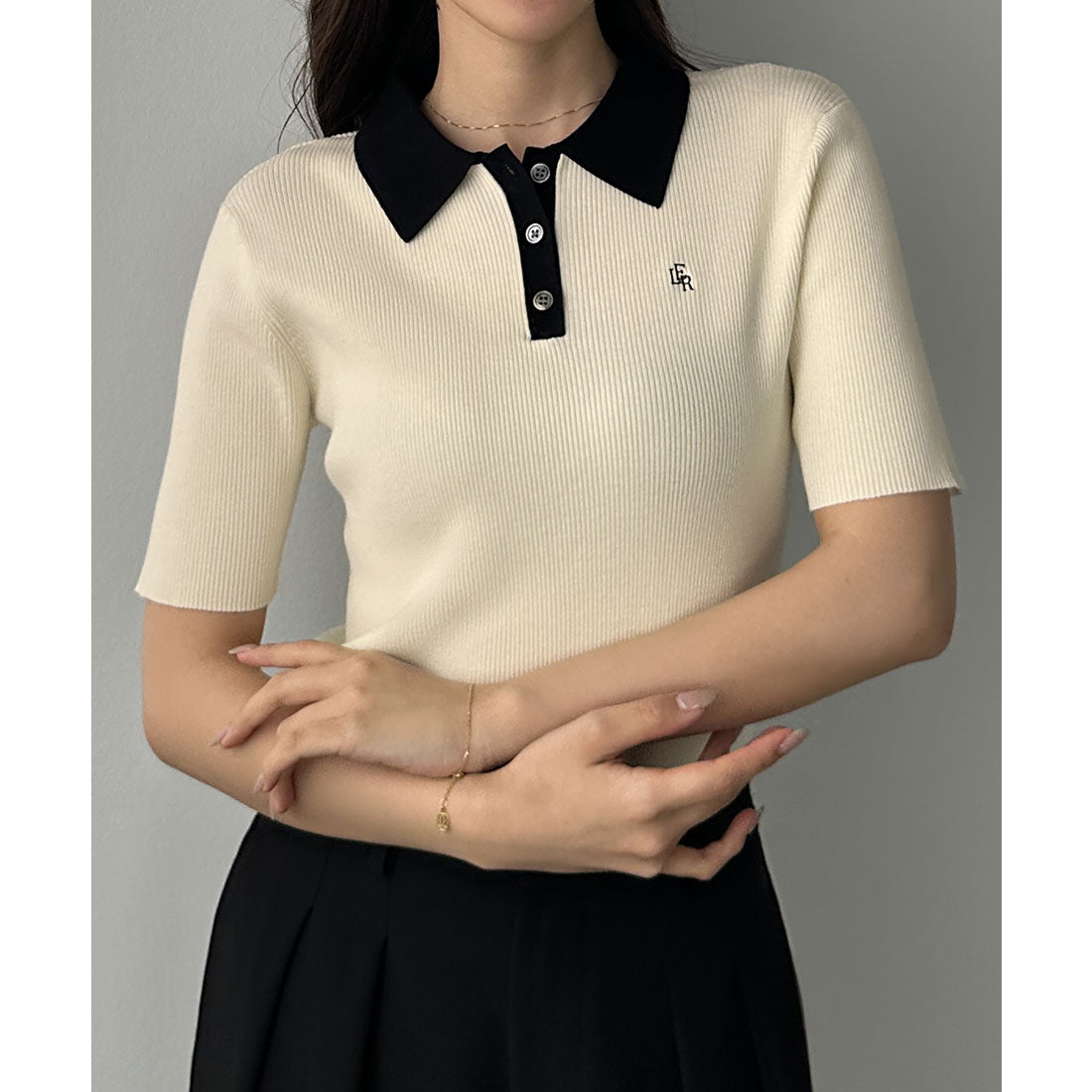 ルエレ Louere Louere ロゴ刺繍半袖リブニットポロ （アイボリー） アイボリー