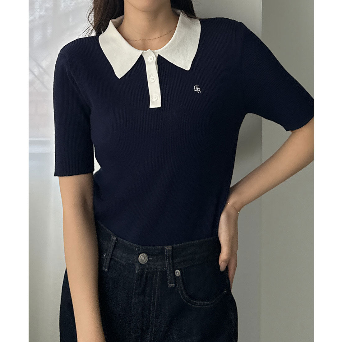 ルエレ Louere Louere ロゴ刺繍半袖リブニットポロ （ネイビー） ネイビー