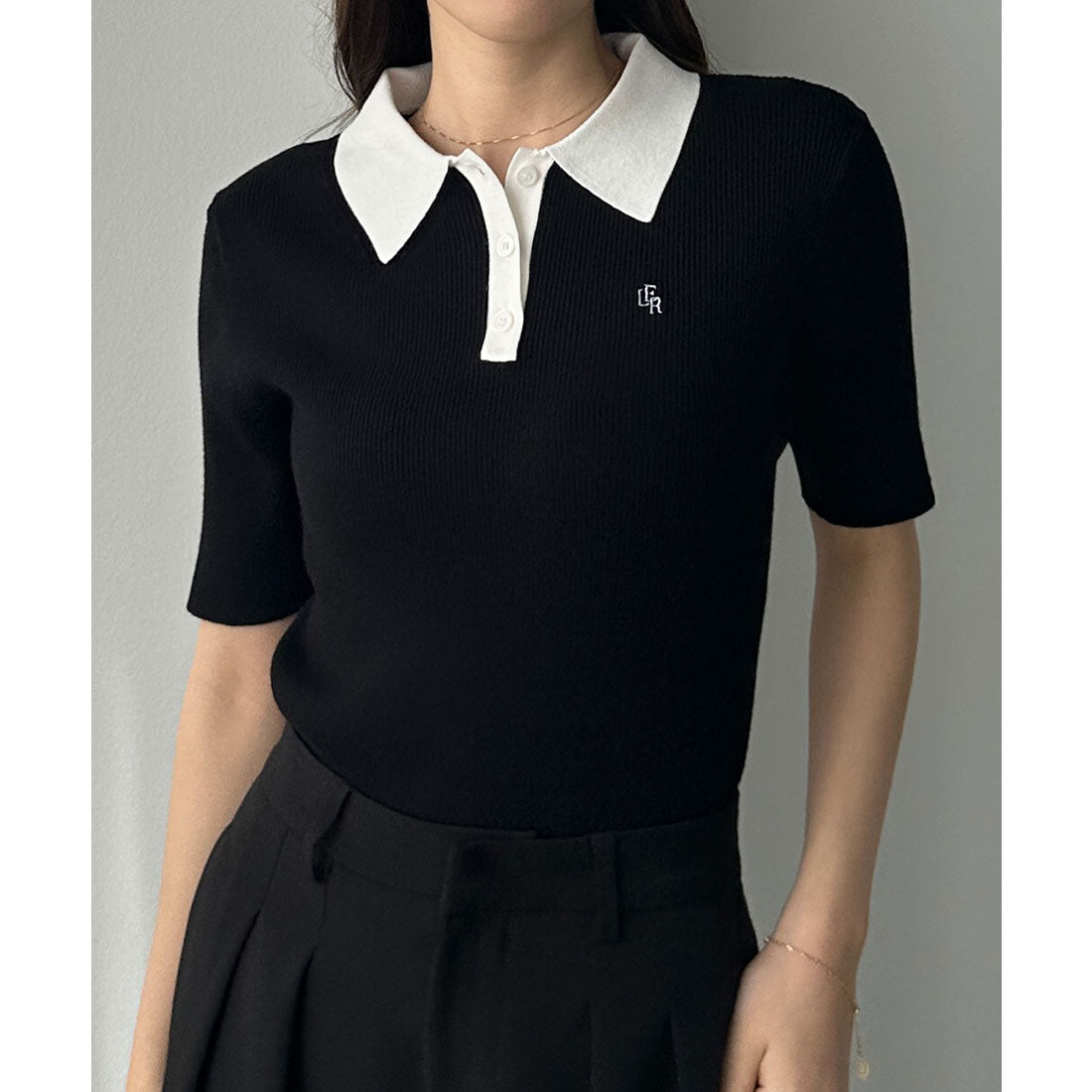 ルエレ Louere Louere ロゴ刺繍半袖リブニットポロ （Aブラック） Aブラック