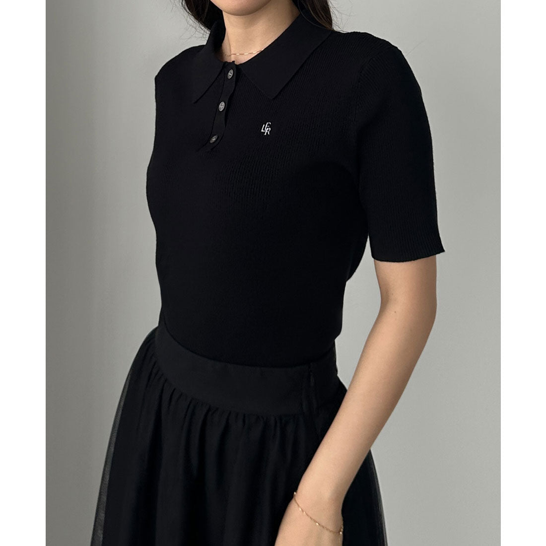 ルエレ Louere Louere ロゴ刺繍半袖リブニットポロ （Bブラック） Bブラック