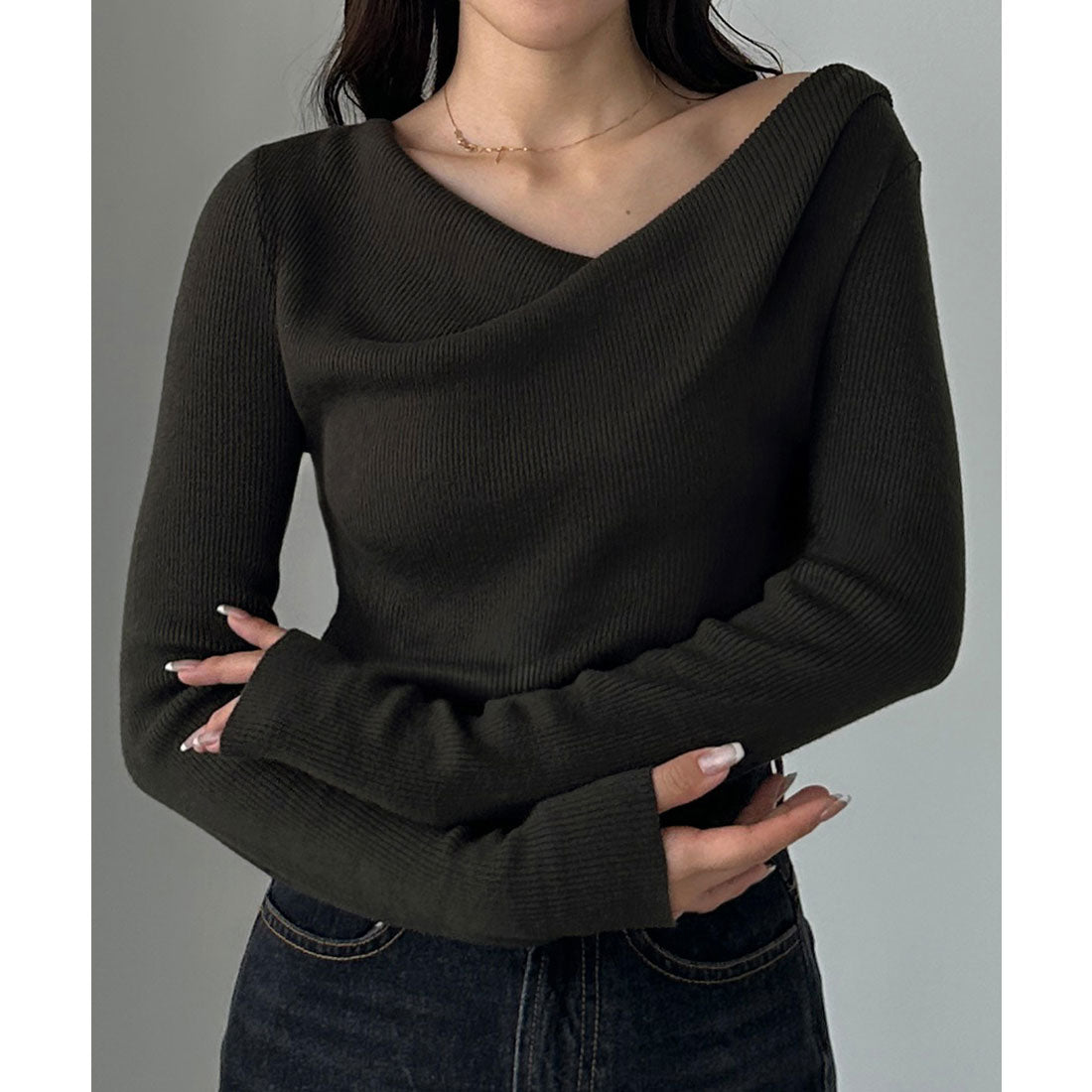 ルエレ Louere Louere 薄手ドレープリブニットトップス （チャコール） チャコール