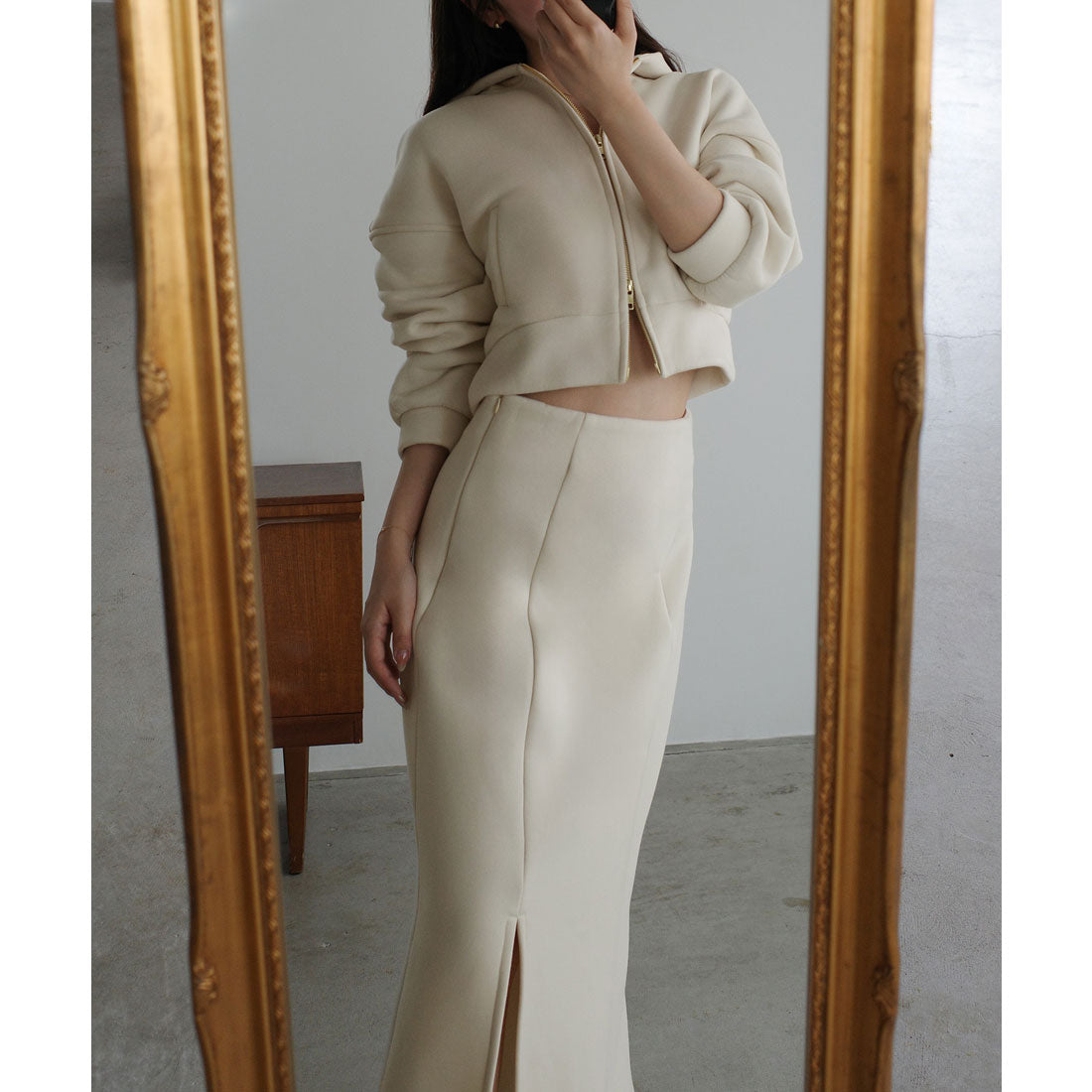 ルエレ Louere Louere 裏起毛スウェットショートパーカー+スリットマーメイドスカートSET （アイボリー） アイボリー