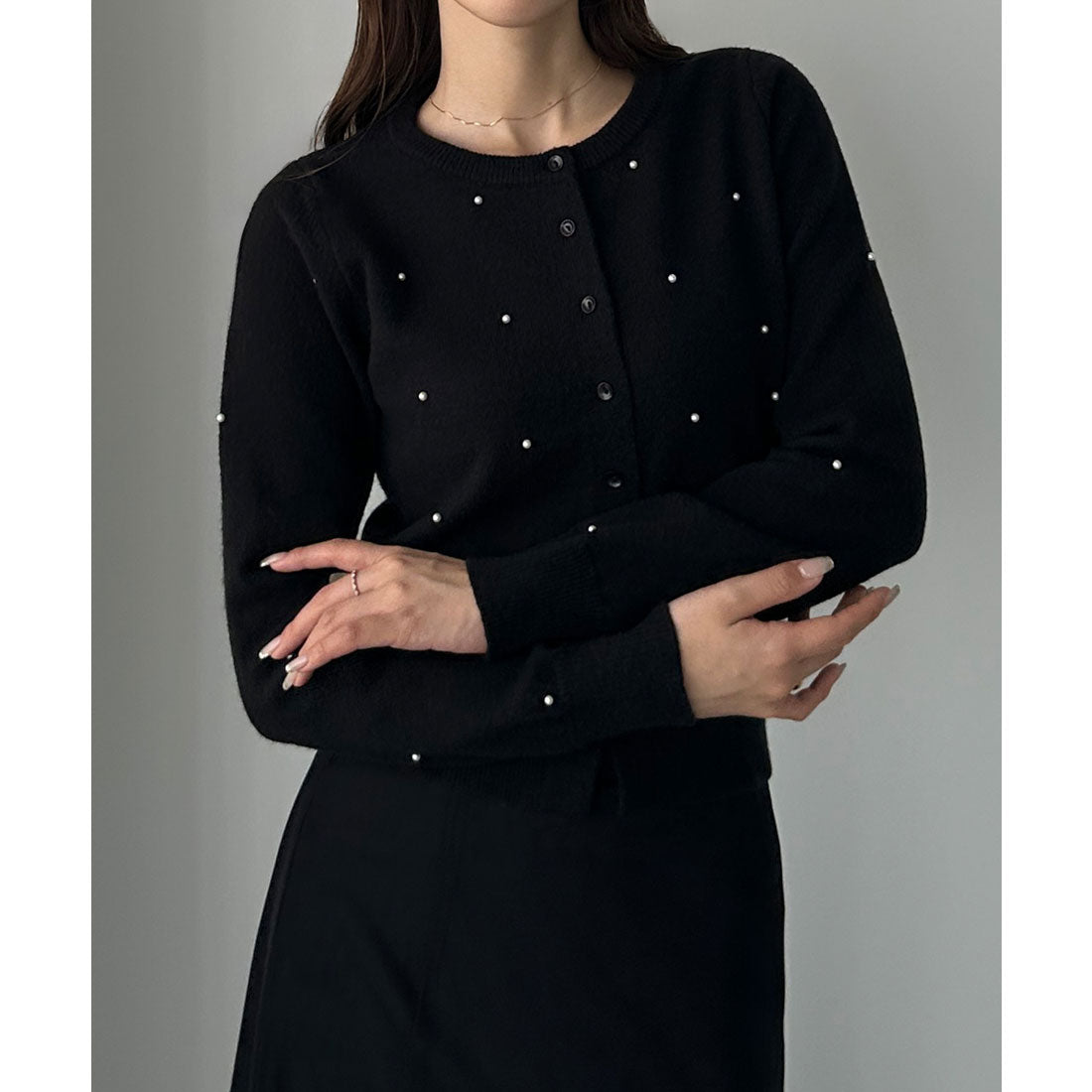 ルエレ Louere Louere ランダムパールウエストシェイプニットカーディガン （ブラック） ブラック