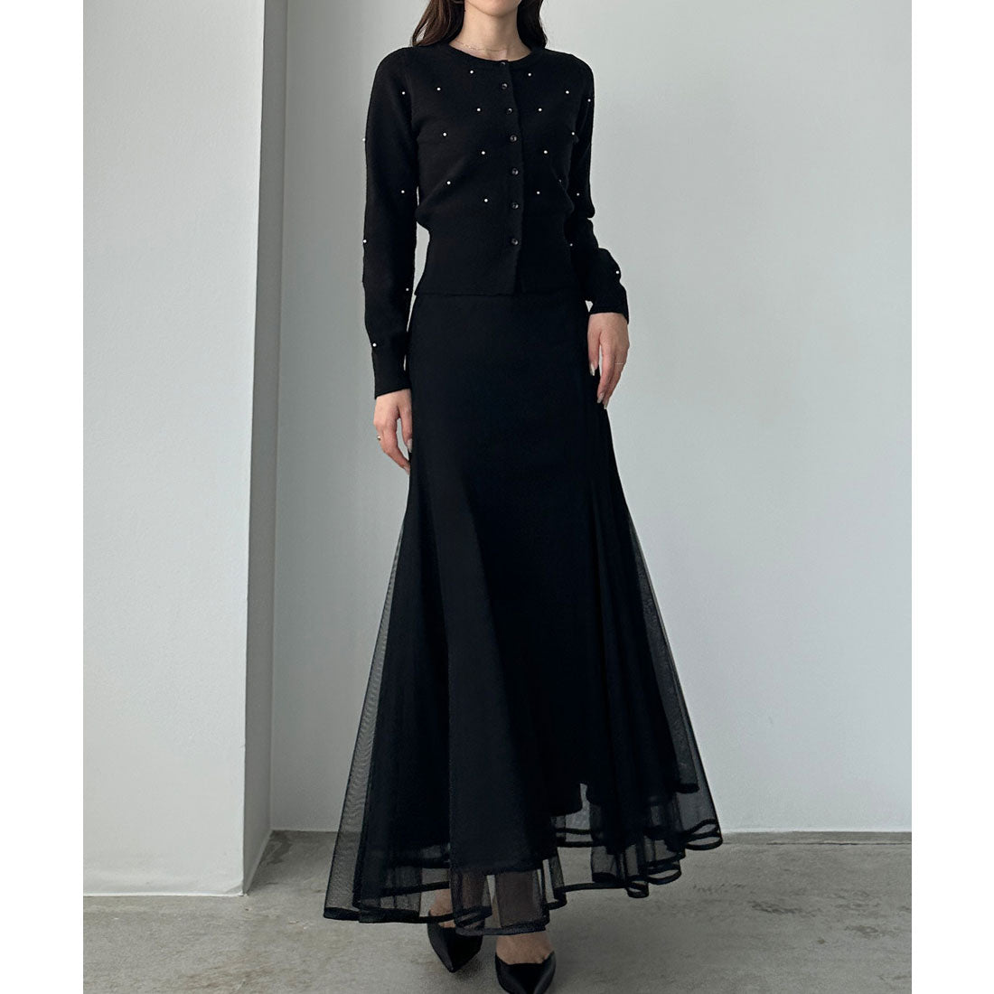 ルエレ Louere Louere ランダムパールウエストシェイプニットカーディガン （ブラック） ブラック