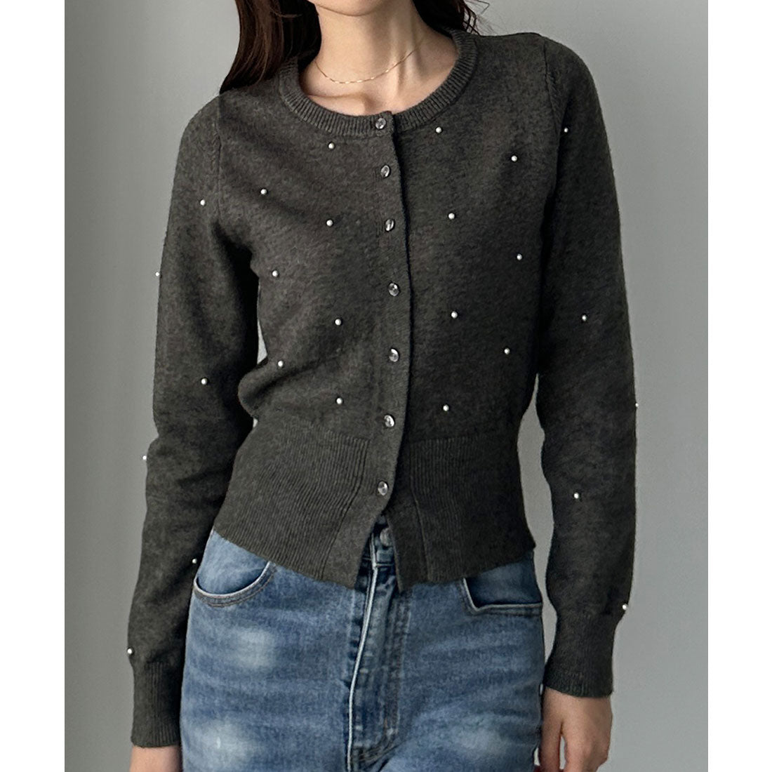 ルエレ Louere Louere ランダムパールウエストシェイプニットカーディガン （チャコール） チャコール