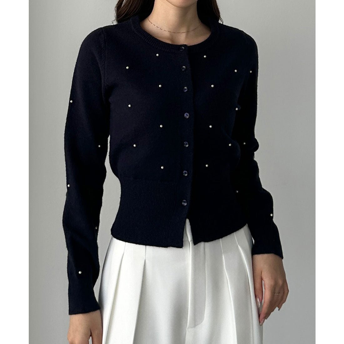 ルエレ Louere Louere ランダムパールウエストシェイプニットカーディガン （ダークネイビー） ダークネイビー