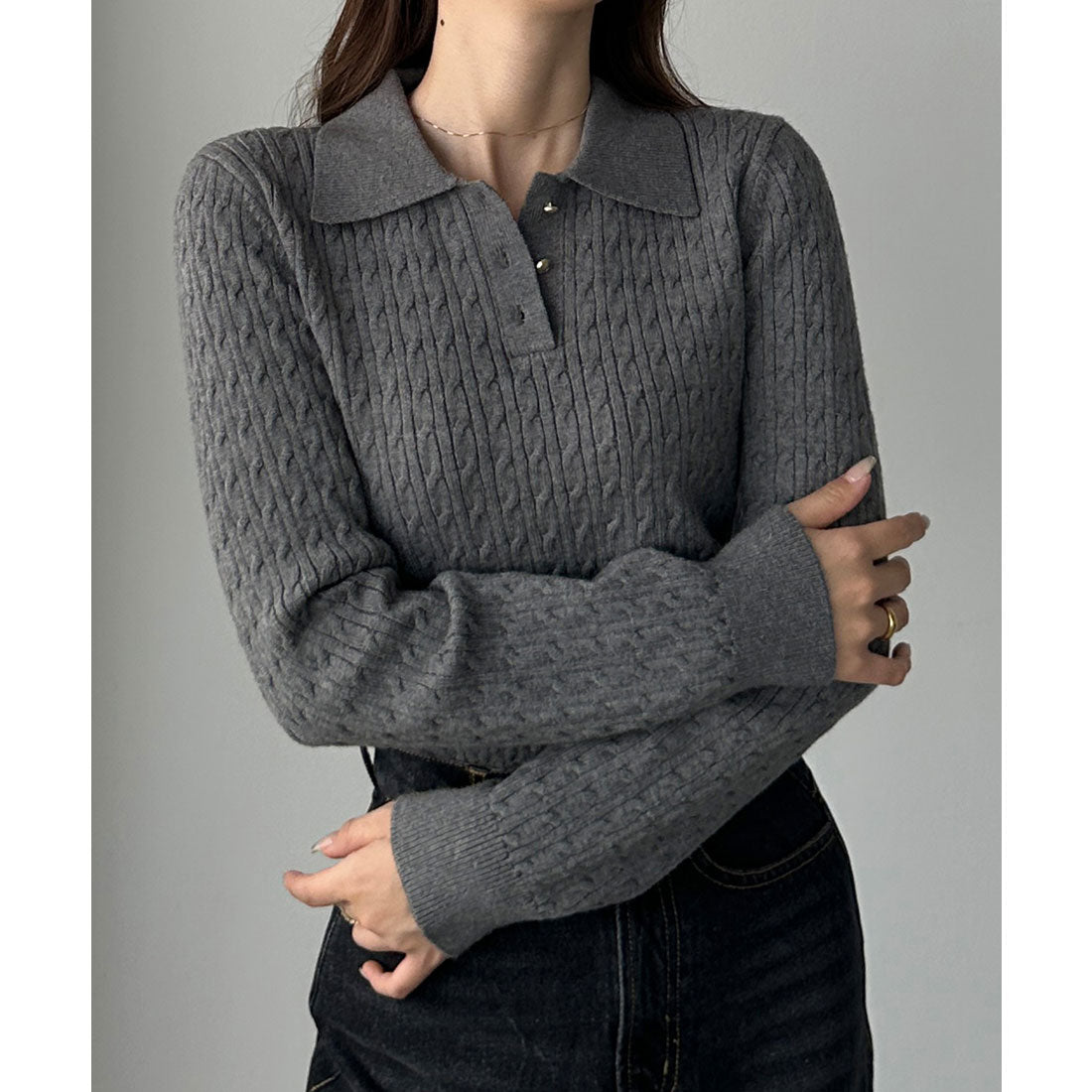 ルエレ Louere Louere ゴールドボタンケーブルニットポロ （チャコール） チャコール