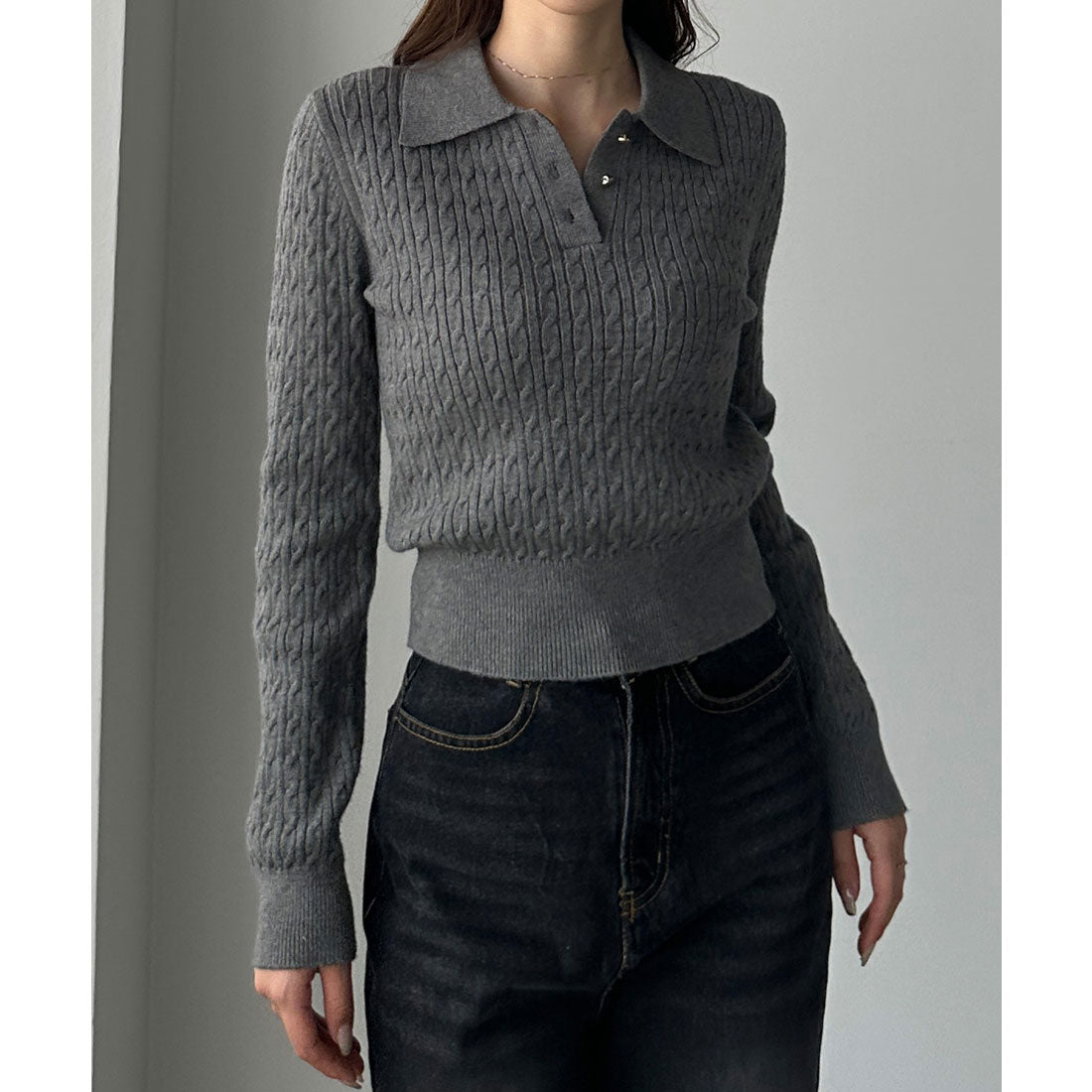 ルエレ Louere Louere ゴールドボタンケーブルニットポロ （チャコール） チャコール