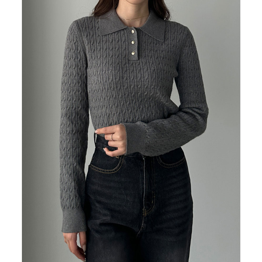 ルエレ Louere Louere ゴールドボタンケーブルニットポロ （チャコール） チャコール