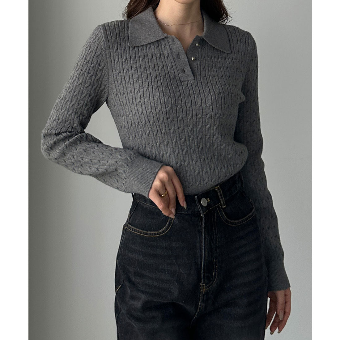 ルエレ Louere Louere ゴールドボタンケーブルニットポロ （チャコール） チャコール