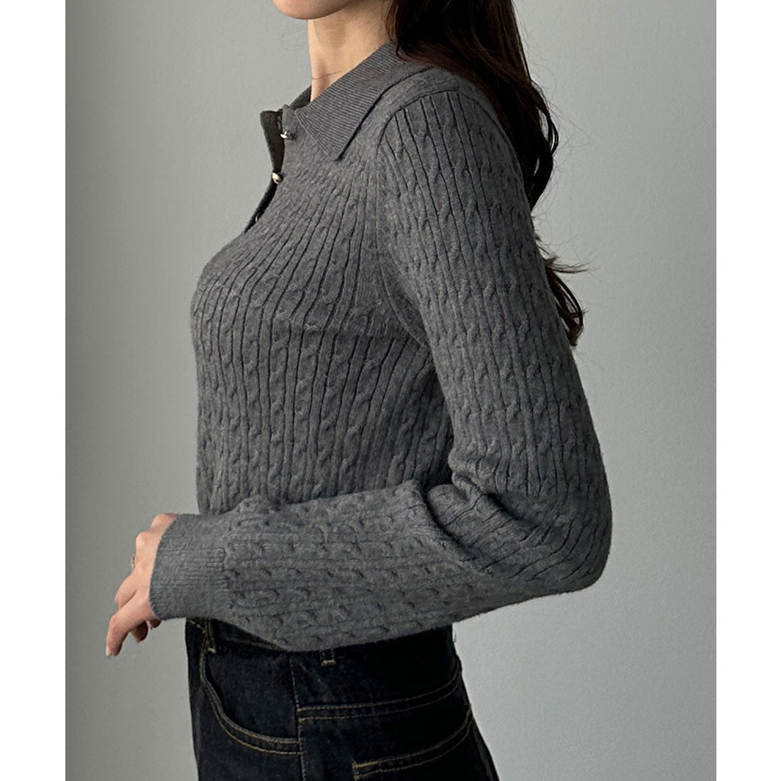 ルエレ Louere Louere ゴールドボタンケーブルニットポロ （チャコール） チャコール