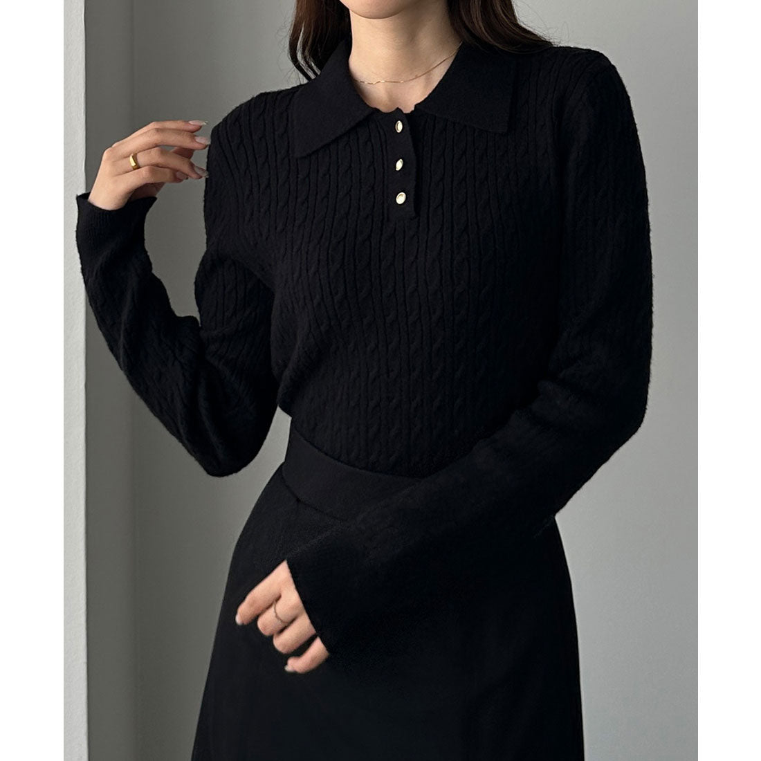 ルエレ Louere Louere ゴールドボタンケーブルニットポロ （Bブラック） Bブラック
