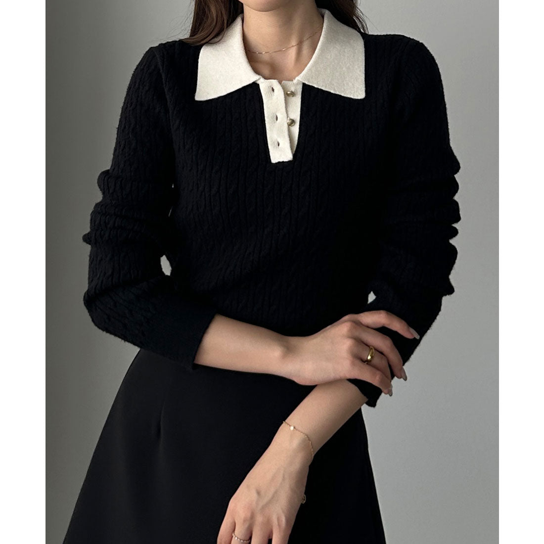 ルエレ Louere Louere ゴールドボタンケーブルニットポロ （Aブラック） Aブラック