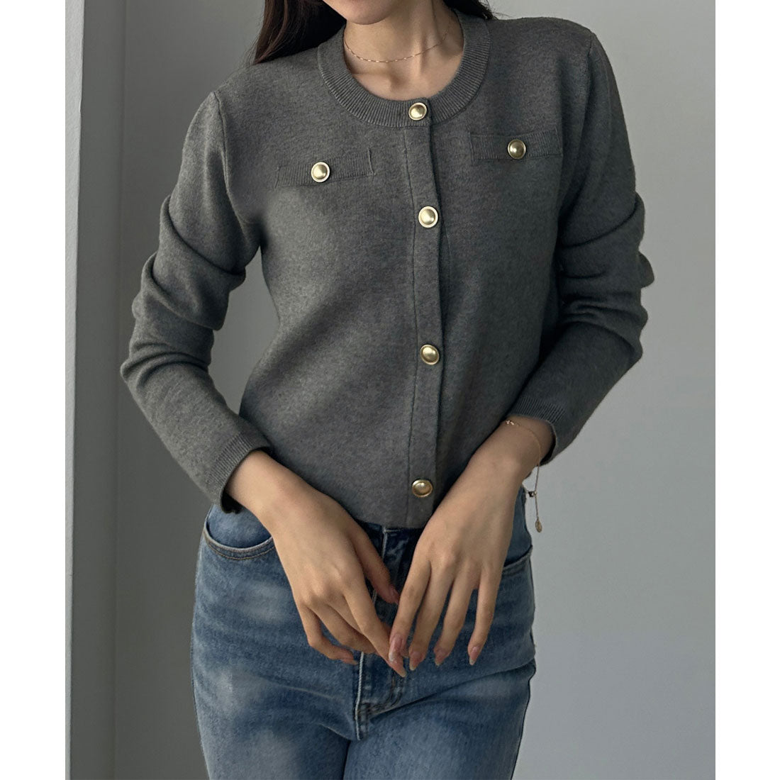 ルエレ Louere Louere ゴールドボタンニットカーディガン （グレー） グレー