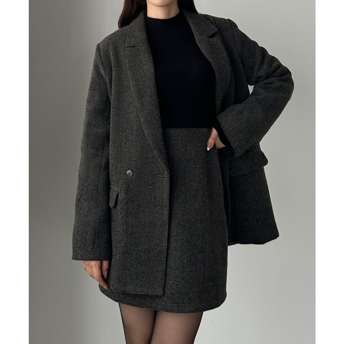 ルエレ Louere Louere ヘリンボーンテーラードジャケット＋ミニスカートSET（インパン付き） （ダークグレー） ダークグレー