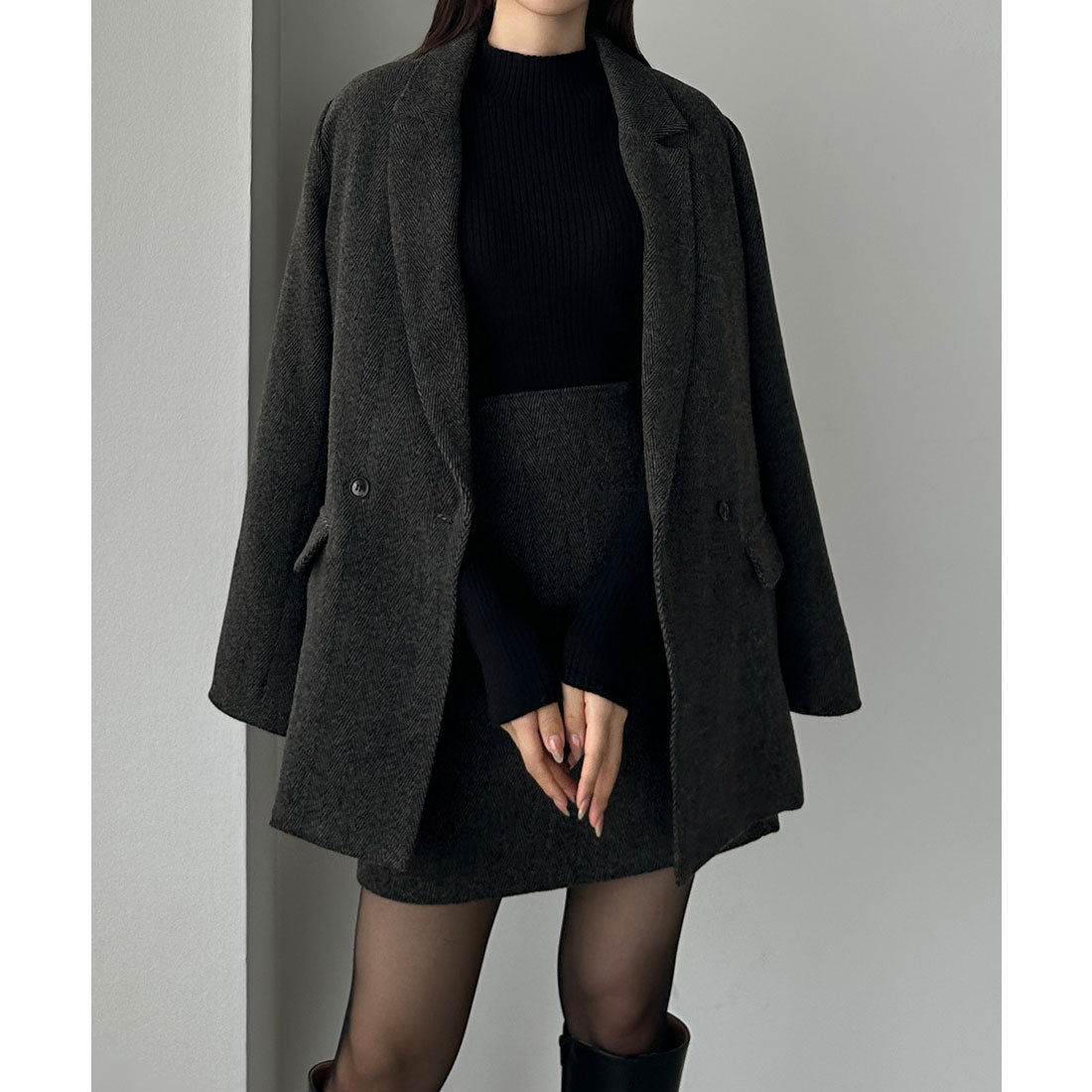 ルエレ Louere Louere ヘリンボーンテーラードジャケット＋ミニスカートSET（インパン付き） （ダークグレー） ダークグレー