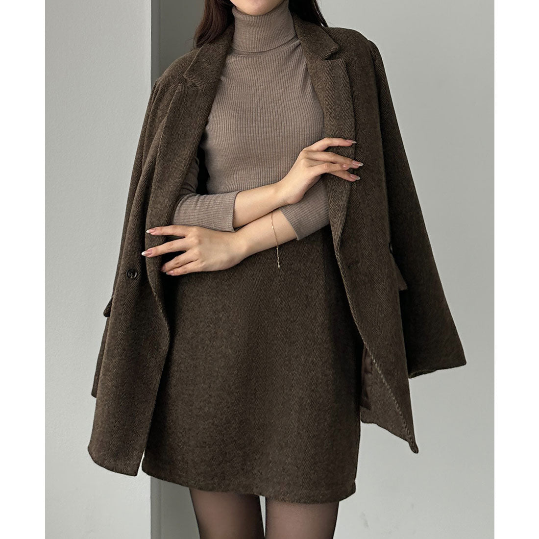 ルエレ Louere Louere ヘリンボーンテーラードジャケット＋ミニスカートSET（インパン付き） （ダークブラウン） ダークブラウン