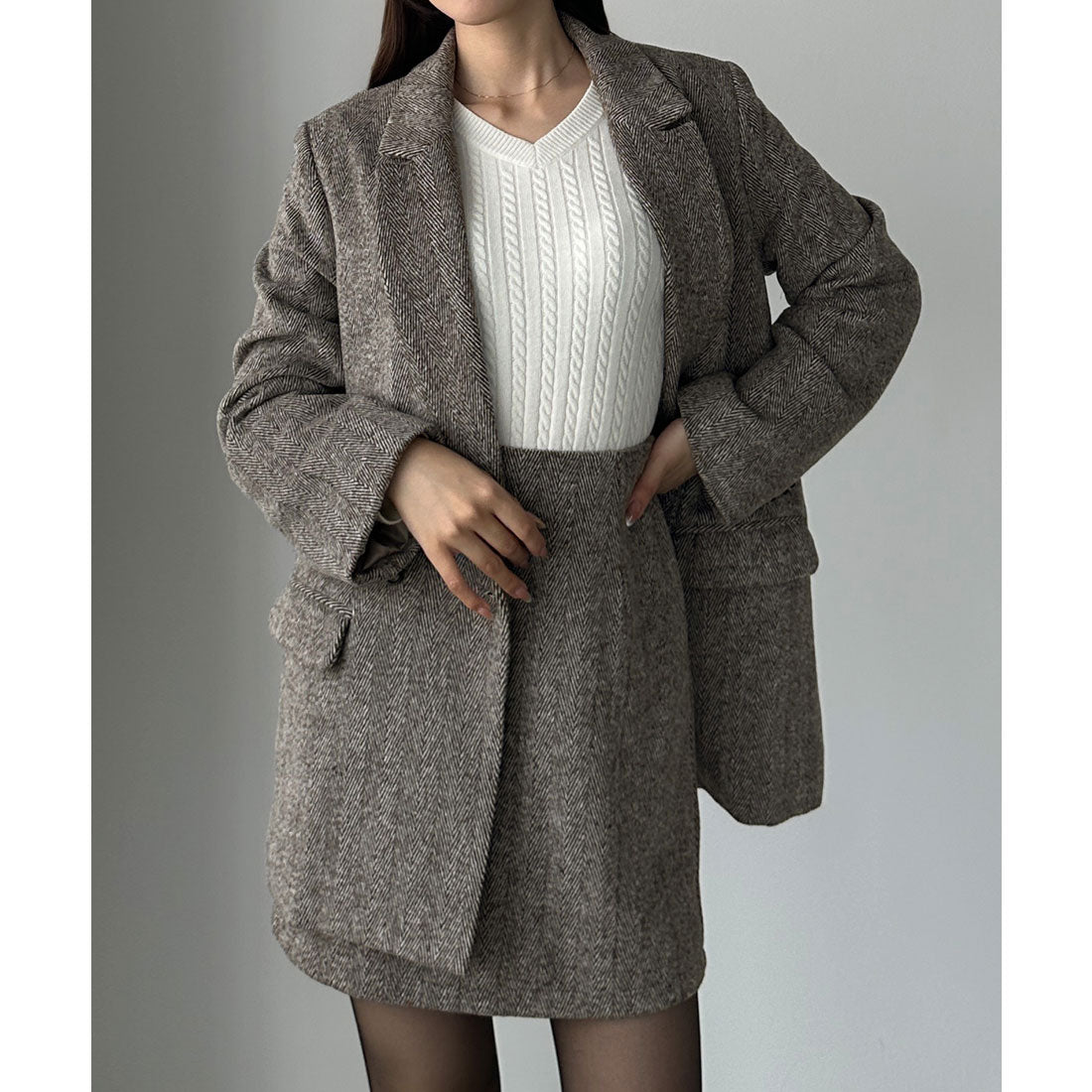 ルエレ Louere Louere ヘリンボーンテーラードジャケット＋ミニスカートSET（インパン付き） （ライトブラウン） ライトブラウン