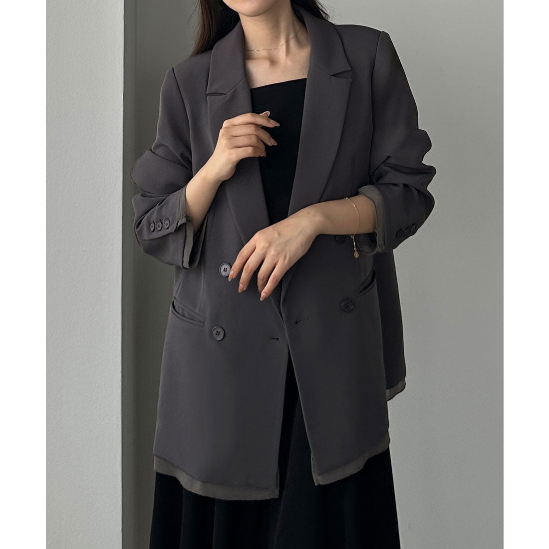 ルエレ Louere Louere 【肩パット入り】ヘムシアーレイヤードテーラードジャケット （ダークグレー） ダークグレー