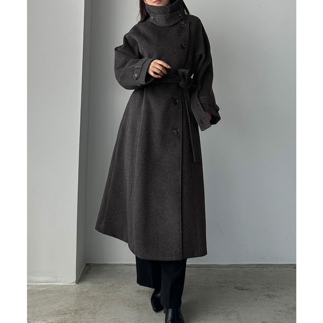 ルエレ Louere Louere 2wayハイネックウールライクウエストシェイプフレアコート （ダークグレー） ダークグレー