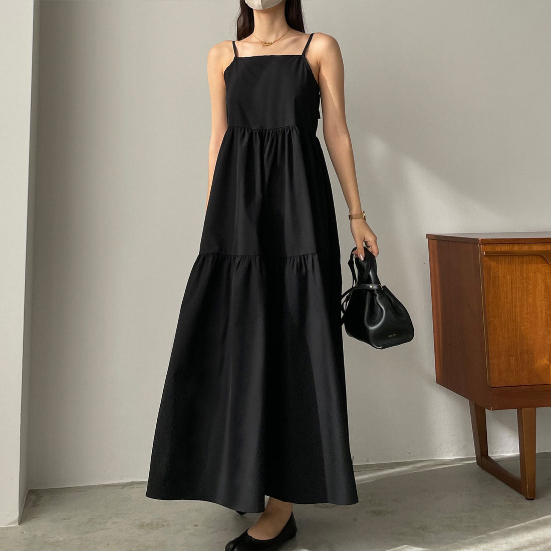 ルエレ Louere リボンティアードキャミワンピース,ブラック