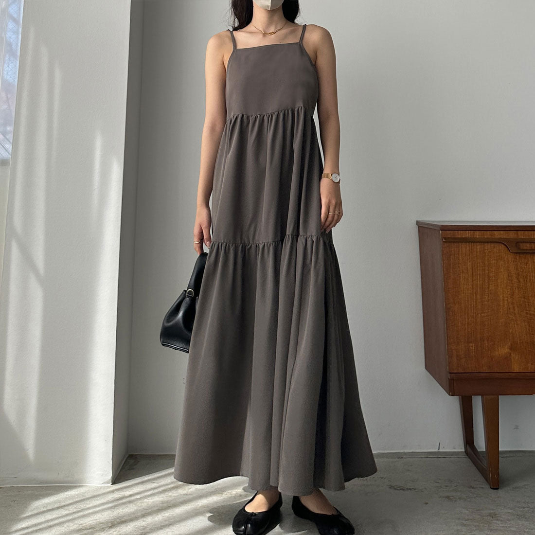 ルエレ Louere リボンティアードキャミワンピース,チャコール