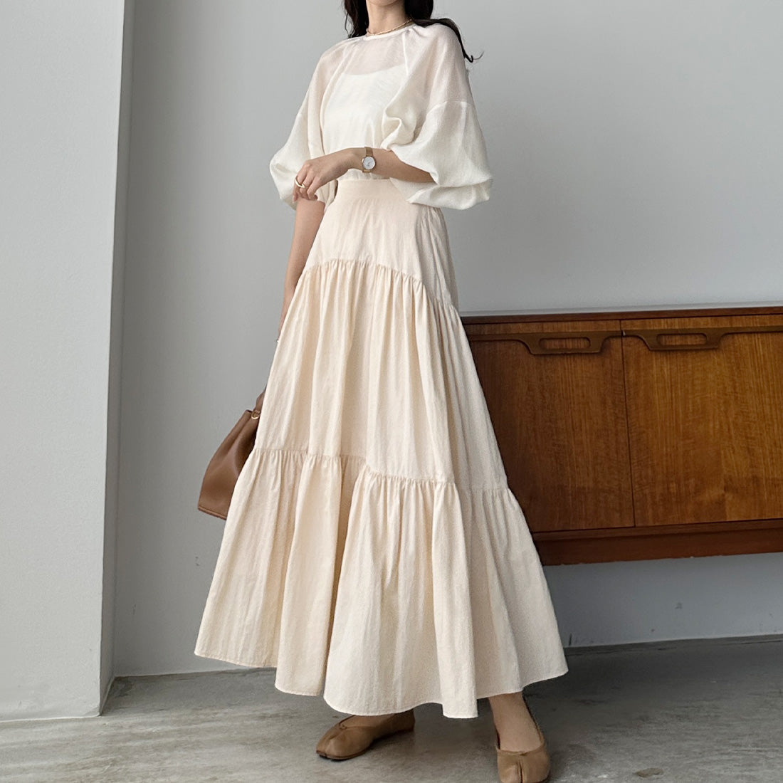 ルエレ Louere Louere ワッシャーティアードスカート,ベージュ