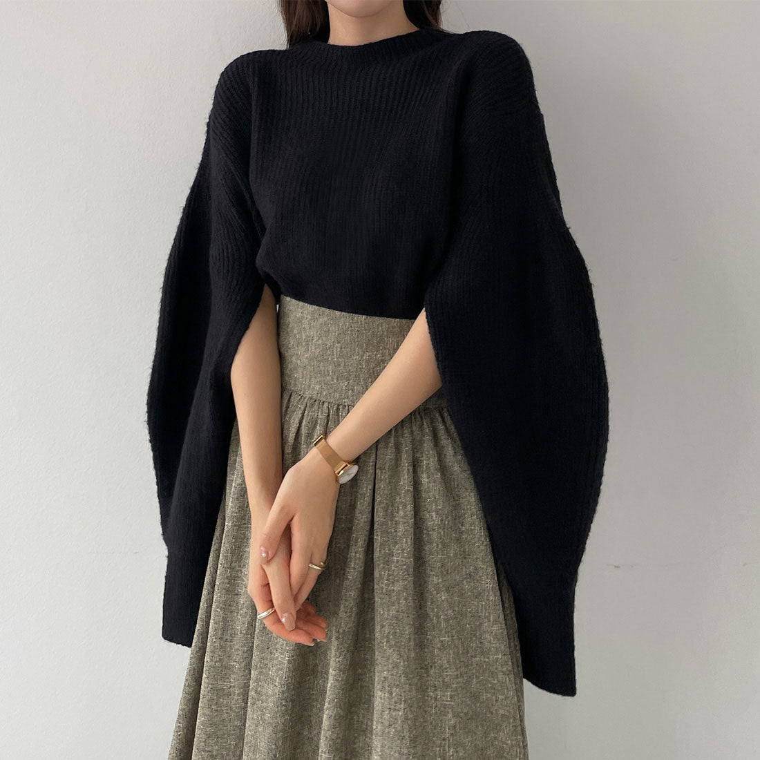 ルエレ Louere Louere スリットパフスリーブショートニット,ブラック