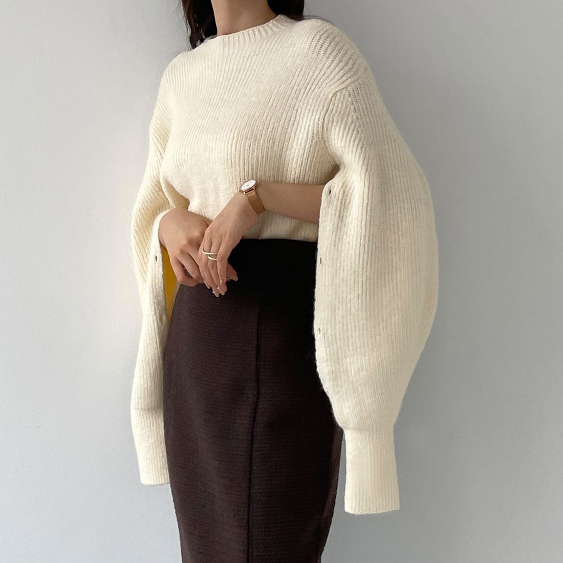 ルエレ Louere Louere スリットパフスリーブショートニット,アイボリー