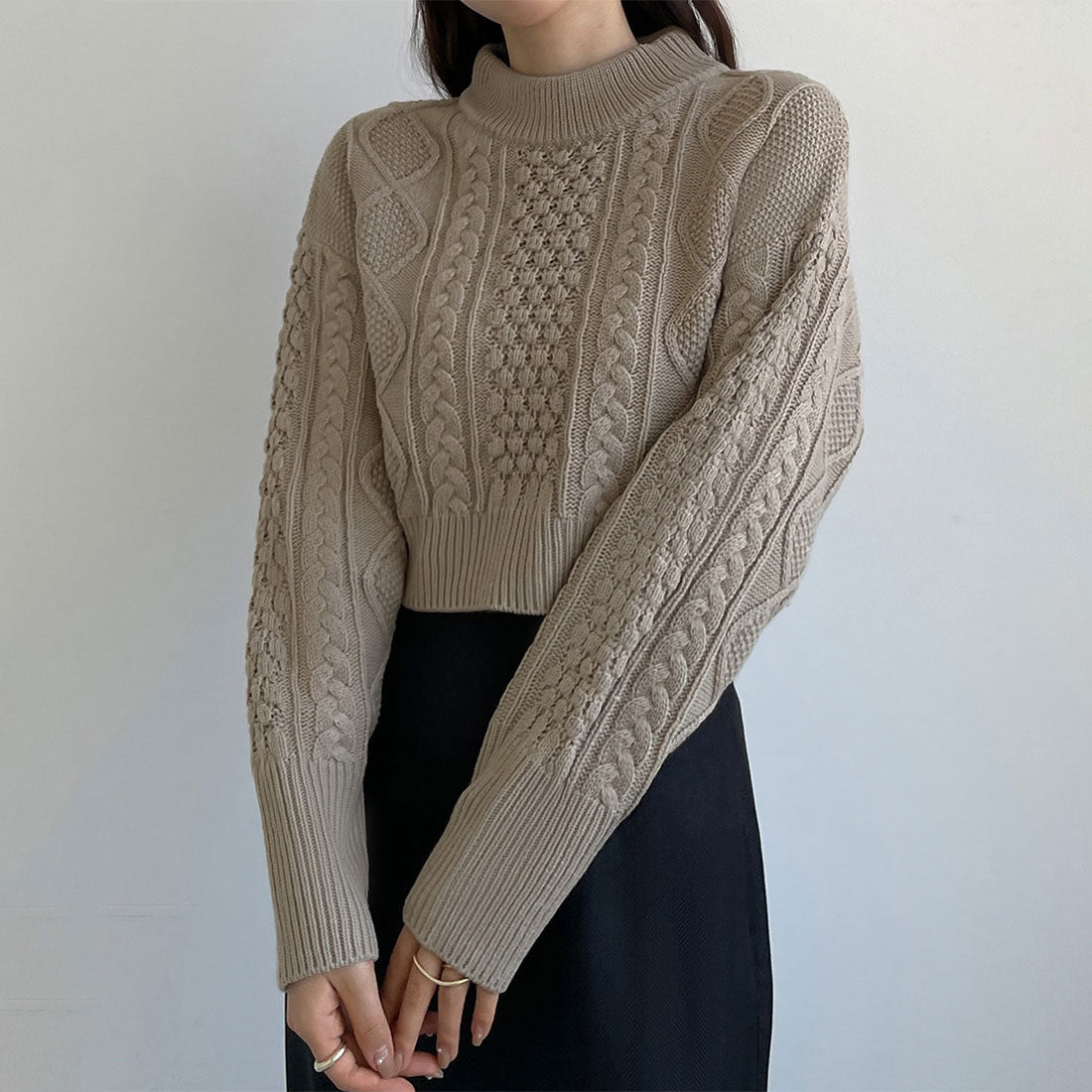 ルエレ Louere Louere フィッシャーマンショートニット,グレージュ