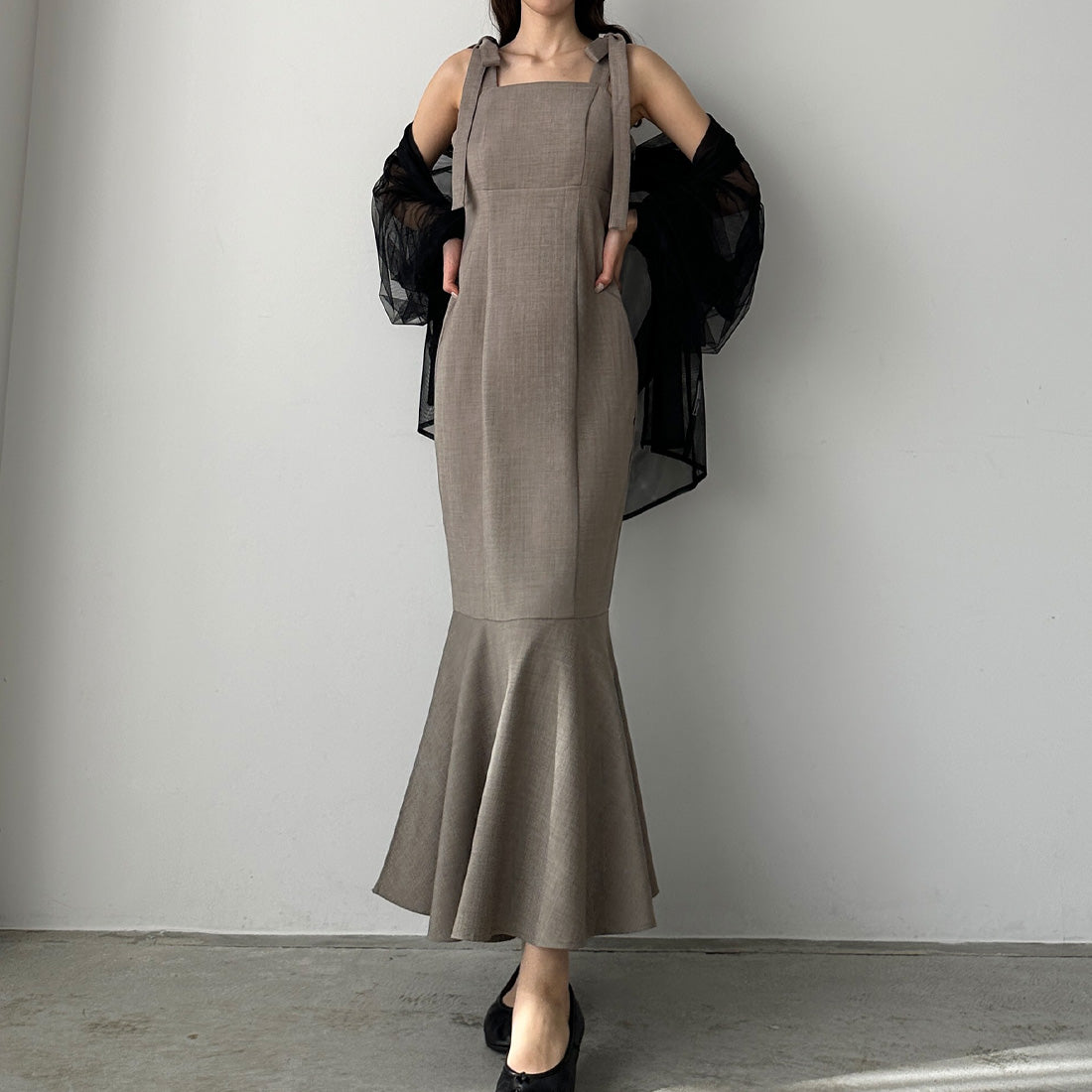 ルエレ Louere Louere ショルダーリボンマーメイドキャミワンピース,グレージュ