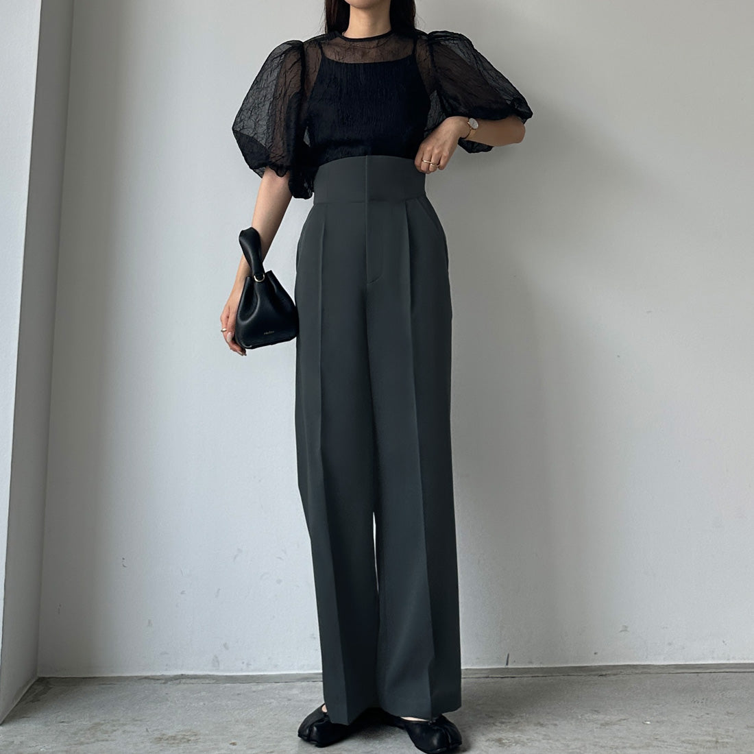 ルエレ Louere Louere ハイウエストタックパンツ,チャコール