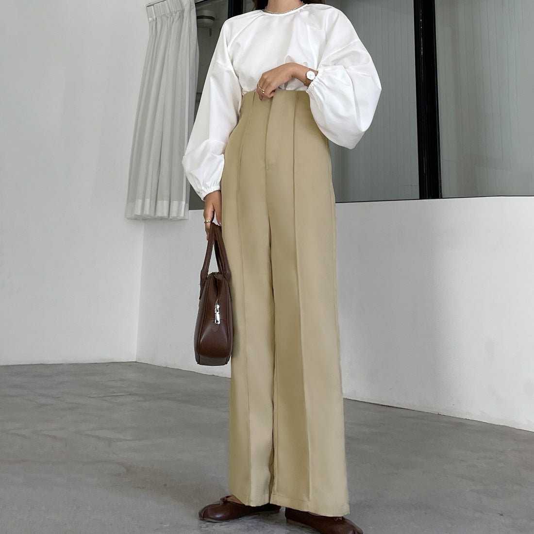 ルエレ Louere Louere ハイウエストストレートピンタックパンツ,ベージュ