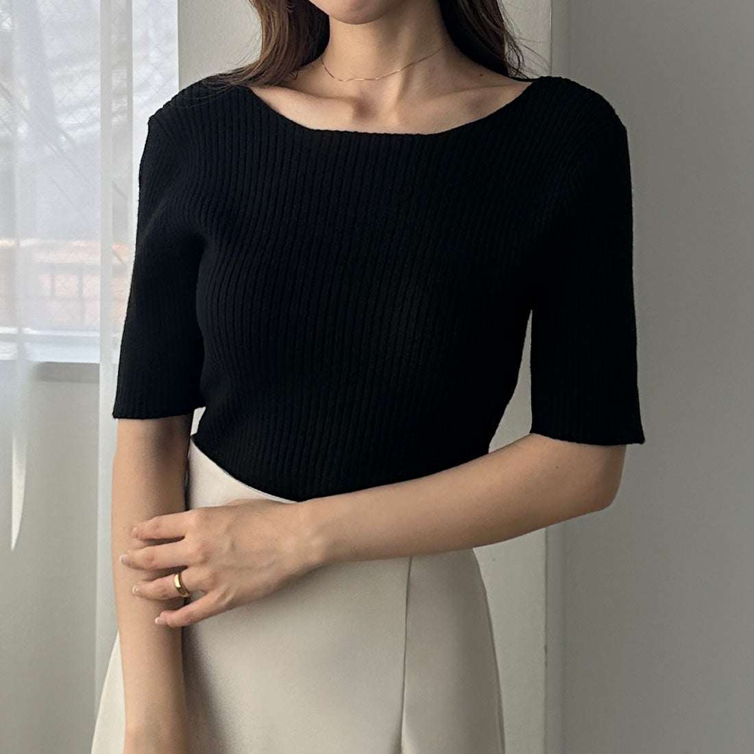 ルエレ Louere Louere ボートネック半袖リブニット,ブラック