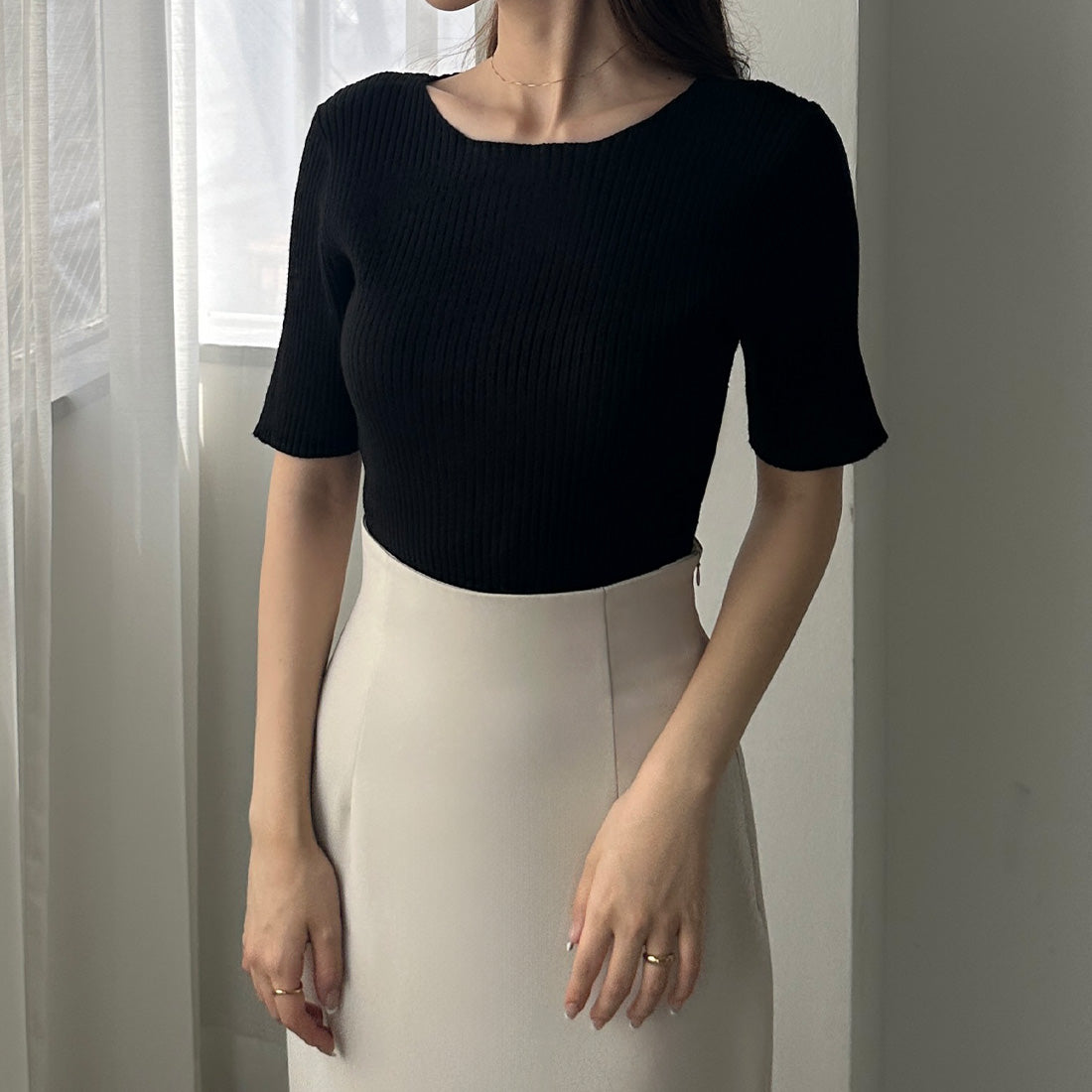 ルエレ Louere Louere ボートネック半袖リブニット