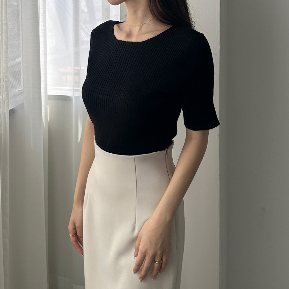 ルエレ Louere Louere ボートネック半袖リブニット