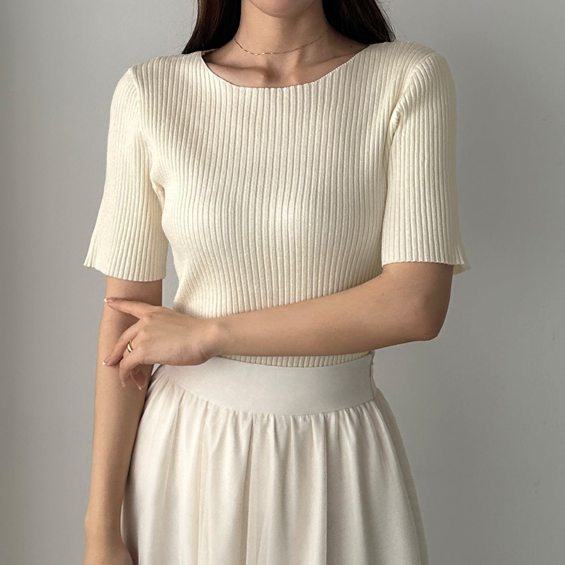 ルエレ Louere Louere ボートネック半袖リブニット,アイボリー