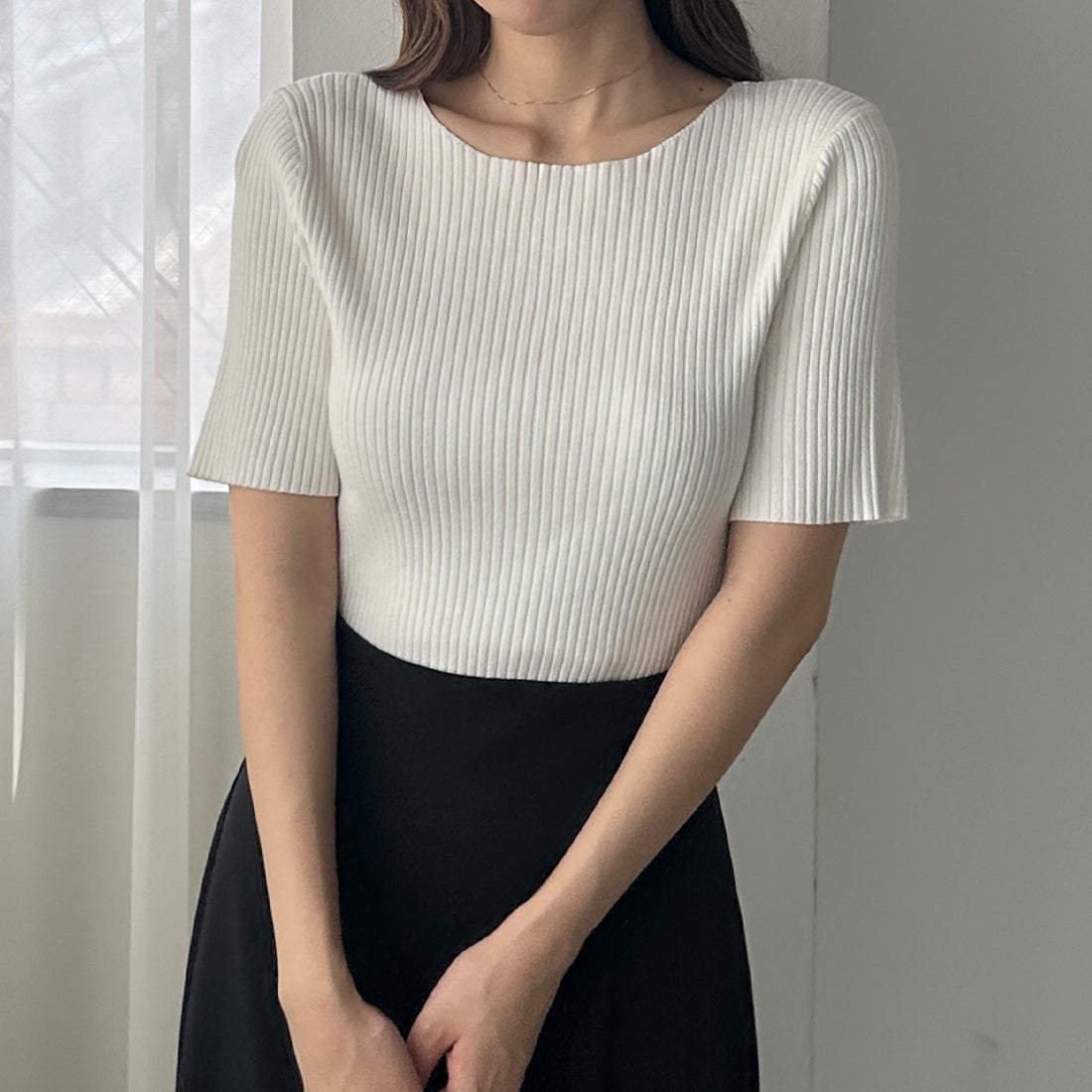 ルエレ Louere Louere ボートネック半袖リブニット,ホワイト