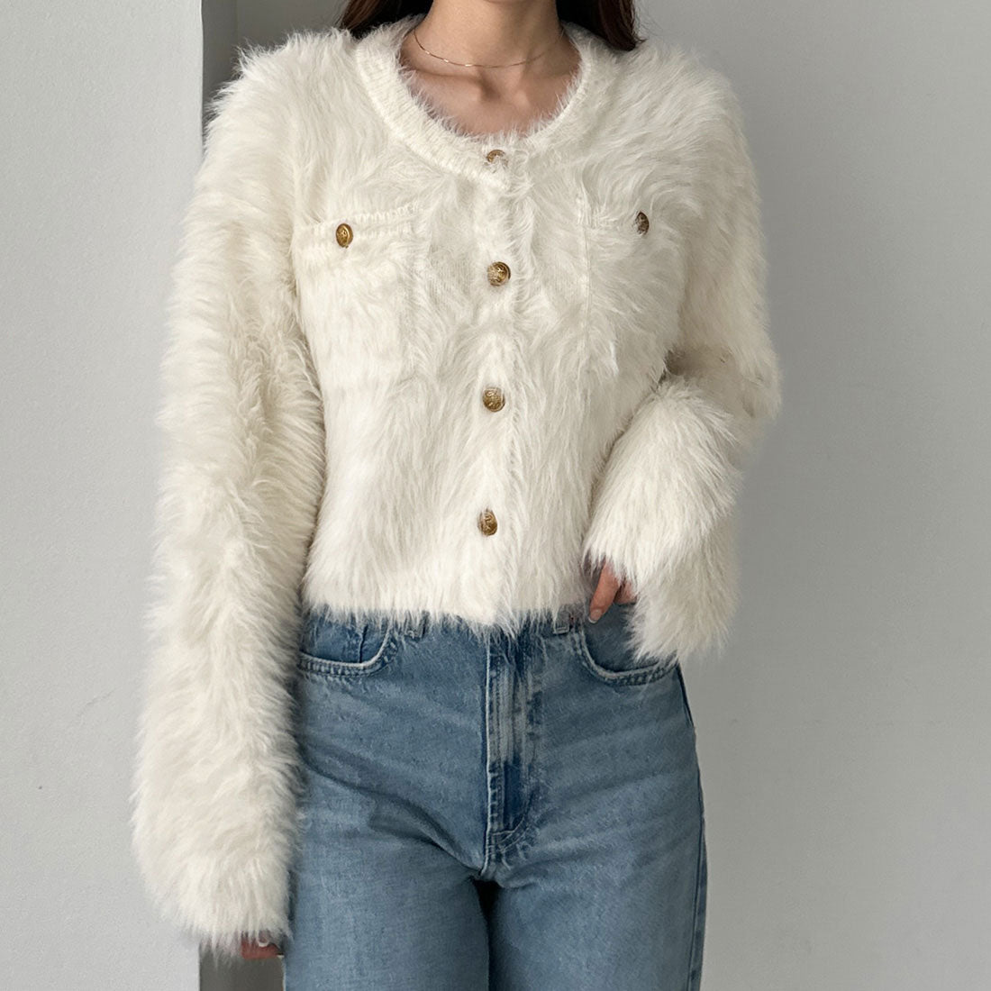 ルエレ Louere Louere ゴールドボタンシャギーニットカーディガン