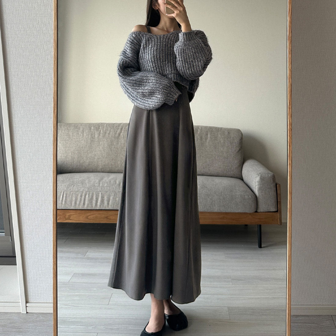 ルエレ Louere Louere ショートニットトップス＋フレアキャミワンピース,チャコール